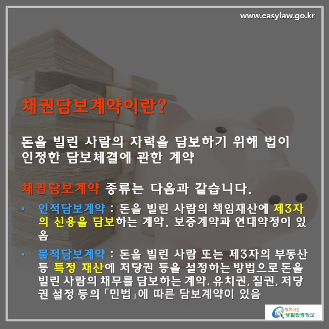 채권담보계약이란? 돈을 빌린 사람의 자력을 담보하기 위해 법이 인정한 담보체결에 관한 계약으로 채권담보계약 종류는 다음과 같습니다. • 인적담보계약 : 돈을 빌린 사람의 책임재산에 제3자의 신용을 담보하는 계약으로 보증계약과 연대약정이 있음, • 물적담보계약 : 돈을 빌린 사람 또는 제3자의 부동산 등 특정 재산에 저당권 등을 설정하는 방법으로 돈을 빌린 사람의 채무를 담보하는 계약으로 유치권 , 질권 , 저당권 설정 등의 「민법」에 따른 담보계약이 있음